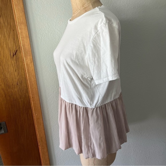 ZARA sz S White Short Sleeve Tee Light Pink Peplum Ruffle Bottom Frill - Picture 7 of 9
